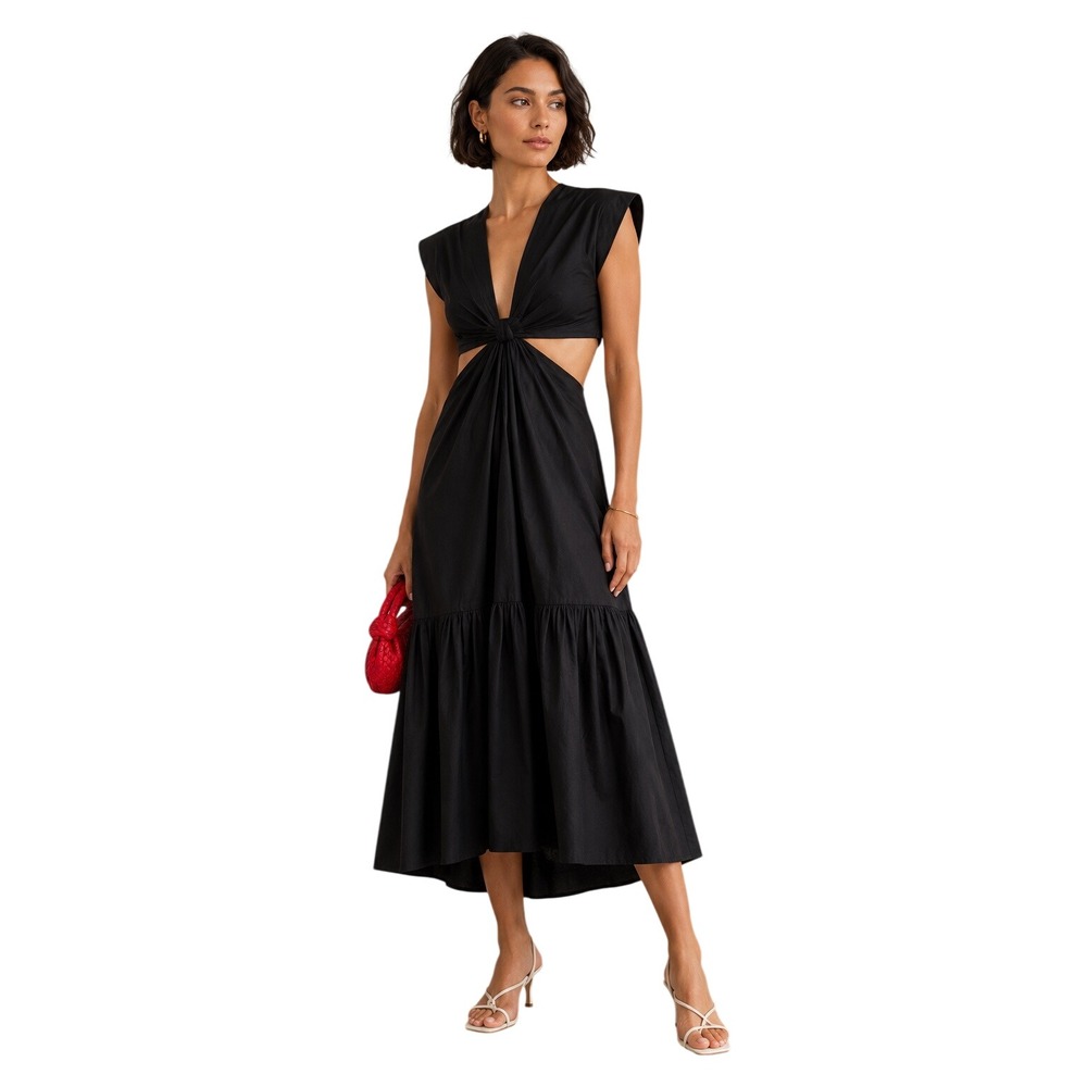 Jason Wu Black Satin Cutout Midi Dress Cap Sleeve V Neck Ruffle Hem Size S